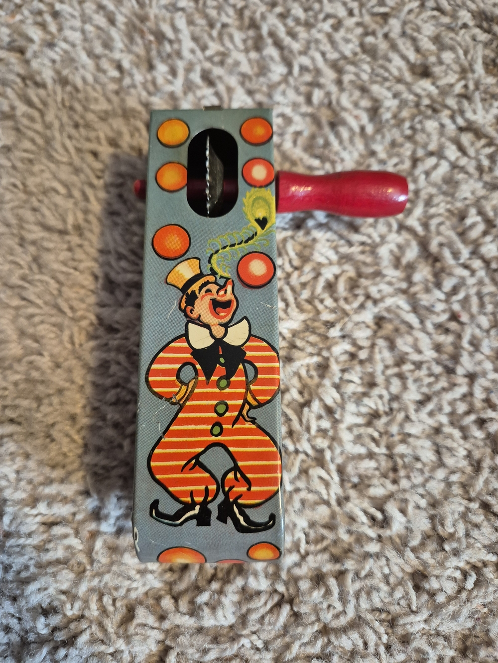 Vintage T Cohn Tin Litho Ratchet Noisemaker Clown Circus Wood Handle 1920s 30s